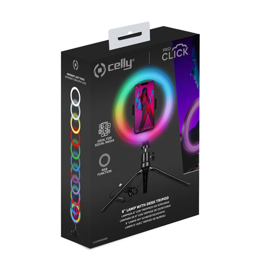 Selfie tripod with RGB light ring and Celly remote control